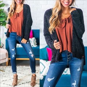 Black Soft Chenille Cardigan Sweater